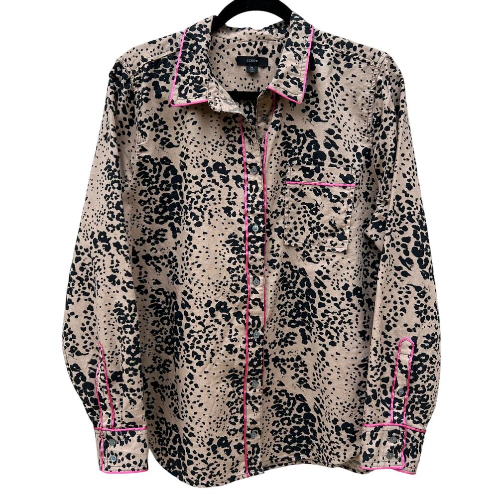 J. Crew Linen Cotton Sleep Pajama Button Down Long Sleeve Top Leopard Pink XL